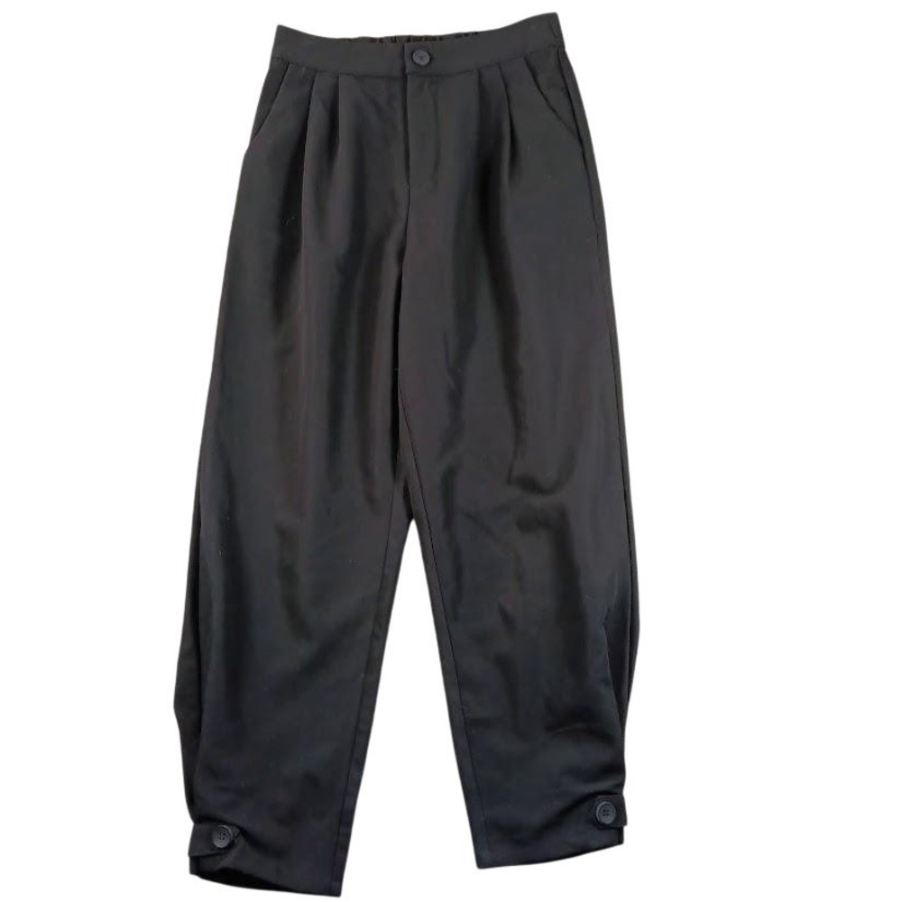 Tapered Dress Pants Womens Small Black Pleated Crepe Elastic Waist Button Hem